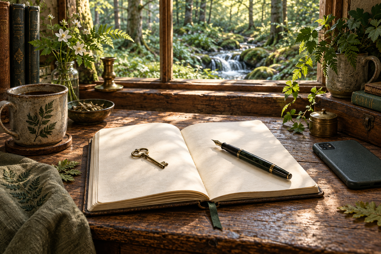 Editorial illustration: an open journal, fountain pen, and brass key beside a face-down phone, overlooking a woodland stream. Created with AI for Transition to Data Ownership.