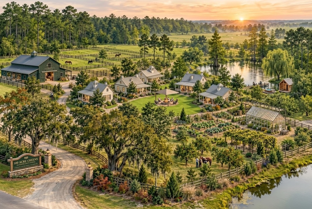 Concept illustration of a rural retreat with cottages, a barn, horses, gardens, trails and a pond
